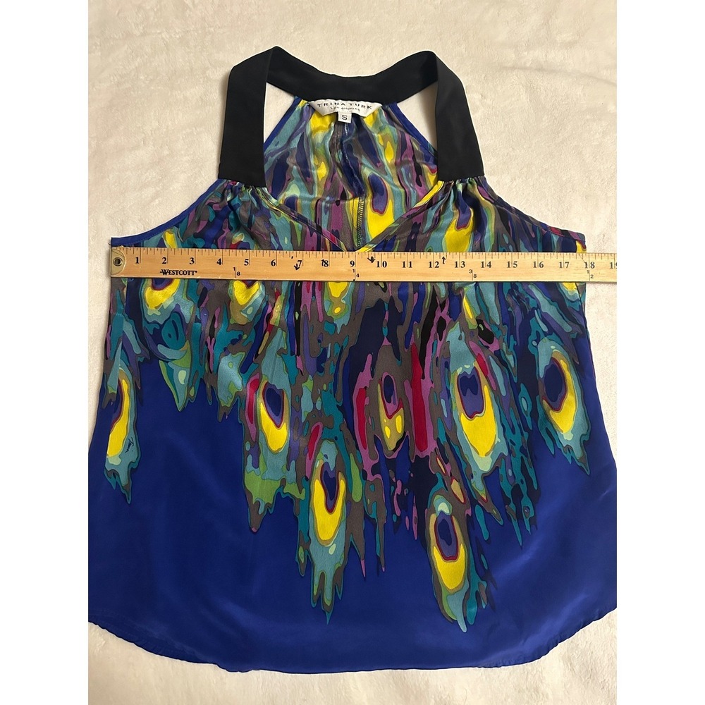 Trina Turk Silk Halter Top Blue Peacock Print V-Neck Women S Whimsigoth - Picture 14 of 15